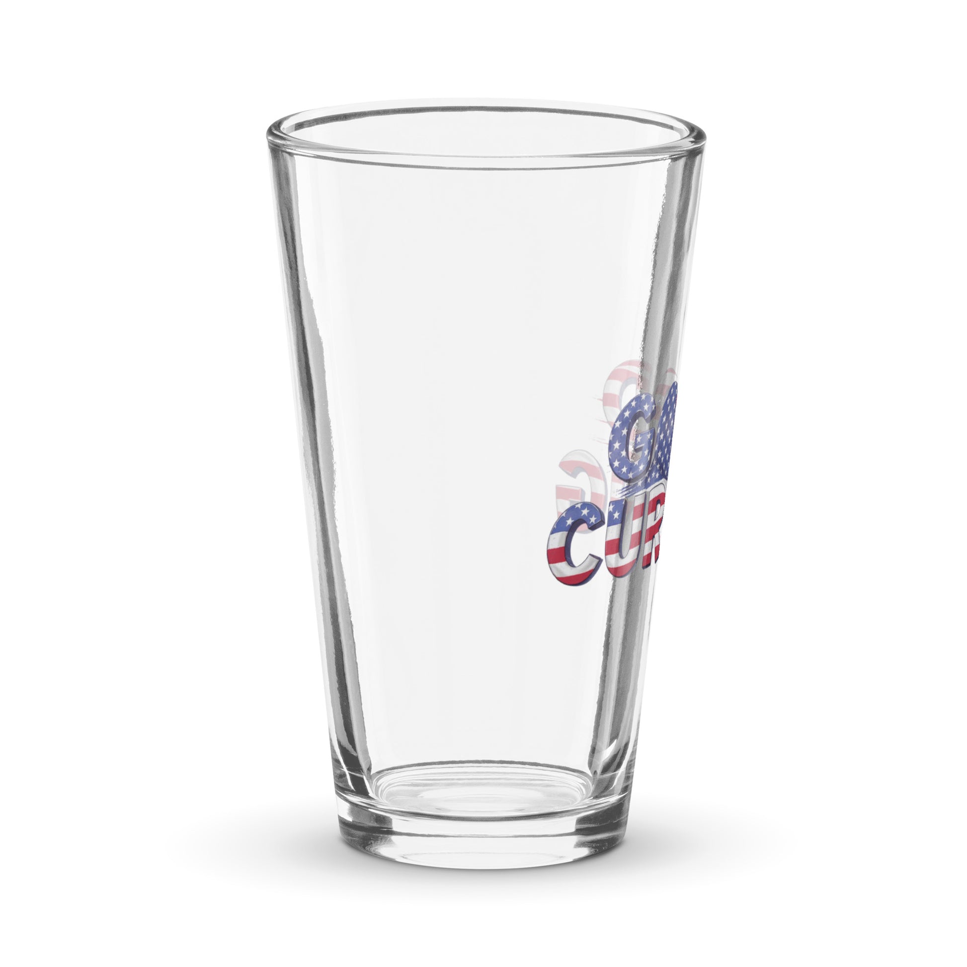 Angled side view of a clear shaker pint glass showing part of the “Good Curling” USA flag design in red, white, and blue. Patriotic curling drinkware by CRL.