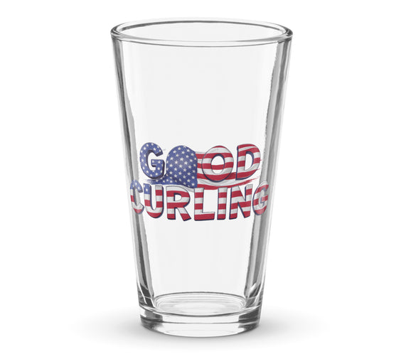 Clear shaker pint glass featuring the phrase “Good Curling” in bold red, white, and blue USA flag lettering. Patriotic curling-themed drinkware designed by CRL.