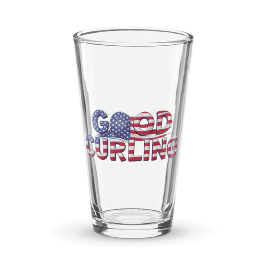 Clear shaker pint glass featuring the phrase “Good Curling” in bold red, white, and blue USA flag lettering. Patriotic curling-themed drinkware designed by CRL.