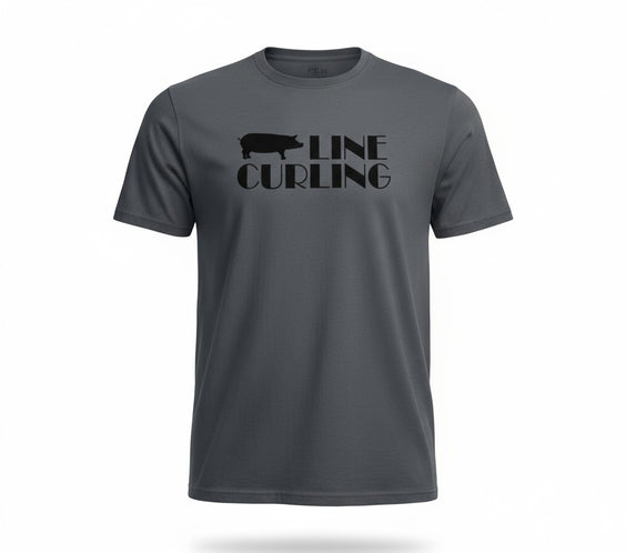Dark gray Hog Line Curling T-shirt featuring a black hog silhouette and bold “Hog Line Curling” text on the chest, displayed on a ghost-mannequin style white background.