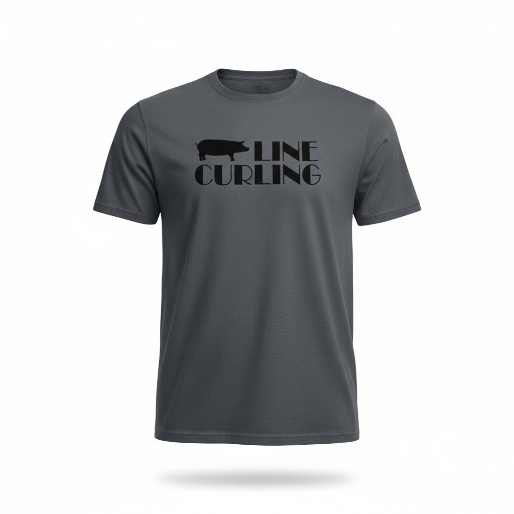Dark gray Hog Line Curling T-shirt featuring a black hog silhouette and bold “Hog Line Curling” text on the chest, displayed on a ghost-mannequin style white background.