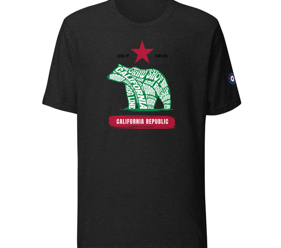 Front view of the black heather Land of Curling – California t-shirt by CRL.Life featuring the California Republic bear design filled with curling terminology and a red star above. Includes CRL logo on the sleeve.