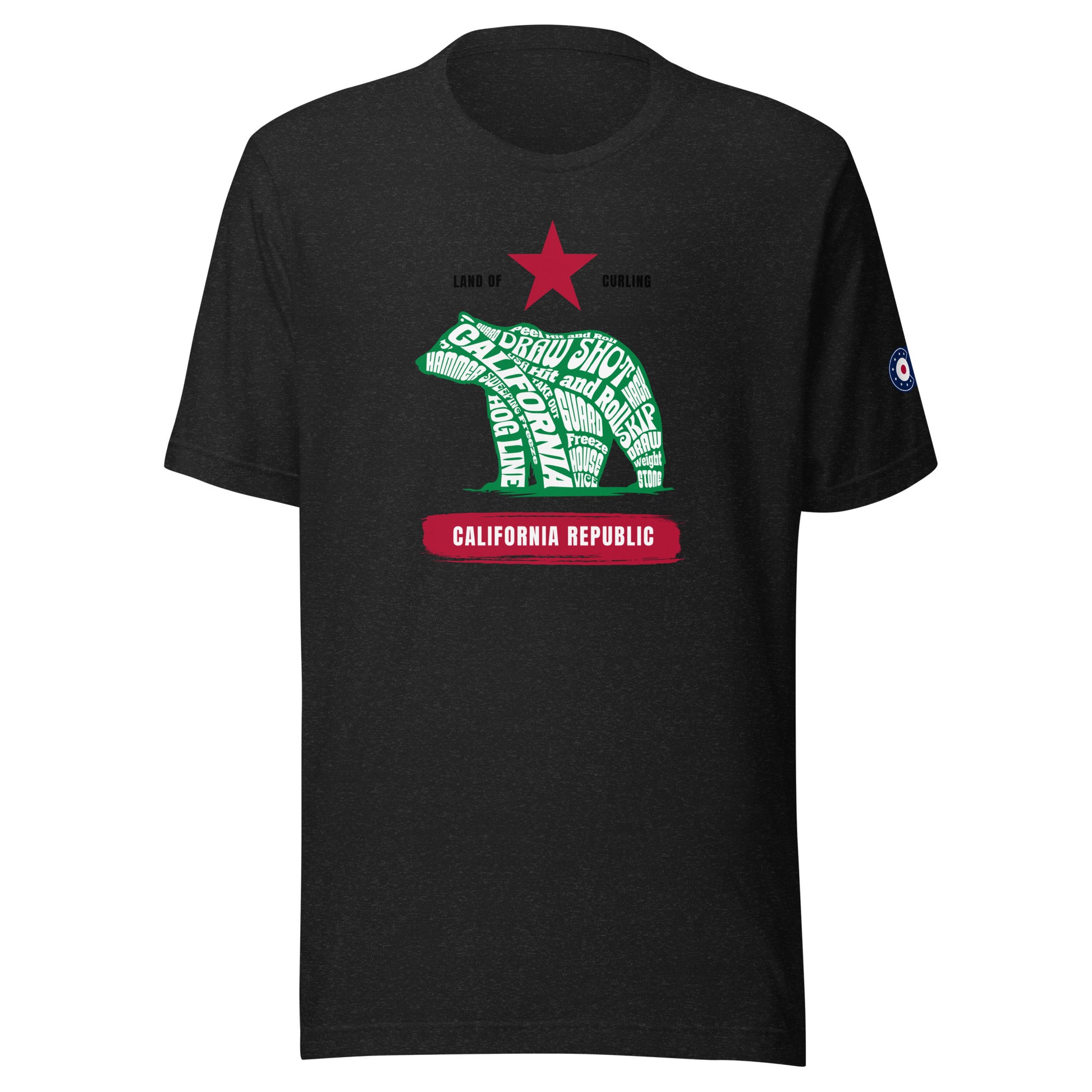 Front view of the black heather Land of Curling – California t-shirt by CRL.Life featuring the California Republic bear design filled with curling terminology and a red star above. Includes CRL logo on the sleeve.