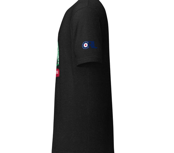 Left side view of the Land of Curling – California tee in black heather showing the curling-inspired bear design and soft cotton fabric.