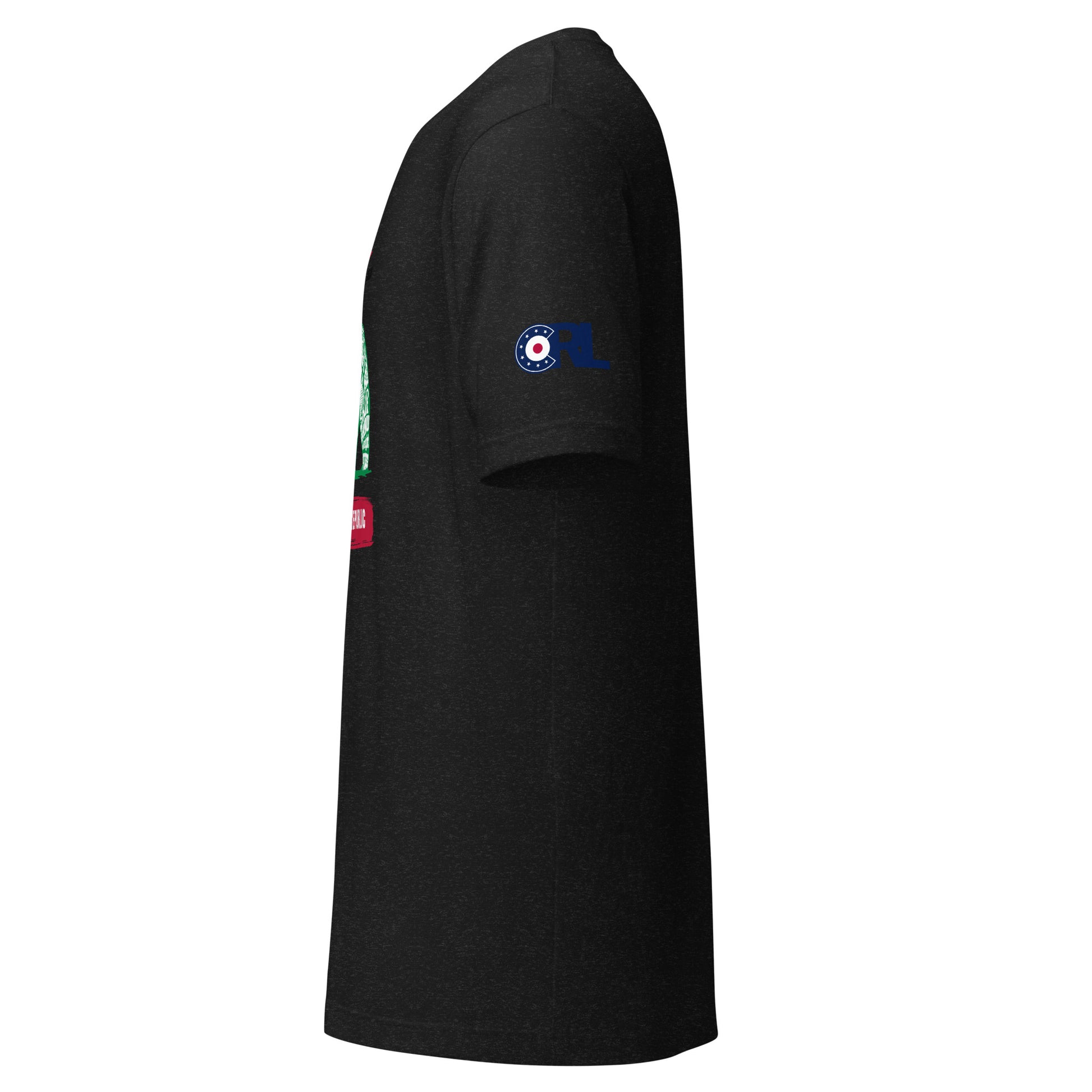 Left side view of the Land of Curling – California tee in black heather showing the curling-inspired bear design and soft cotton fabric.