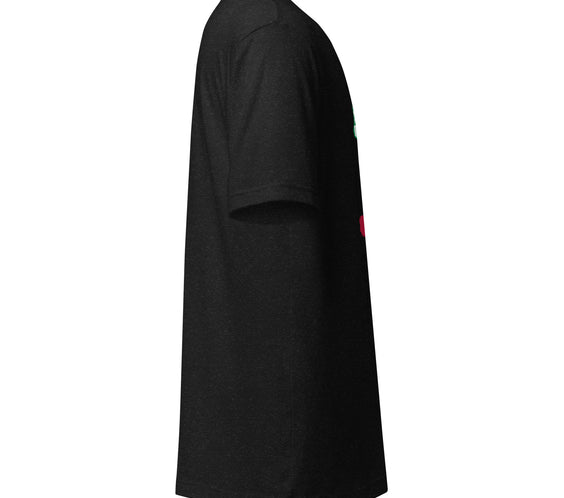 Right side view of the black heather Land of Curling – California shirt displaying the CRL logo printed on the sleeve and modern unisex fit.