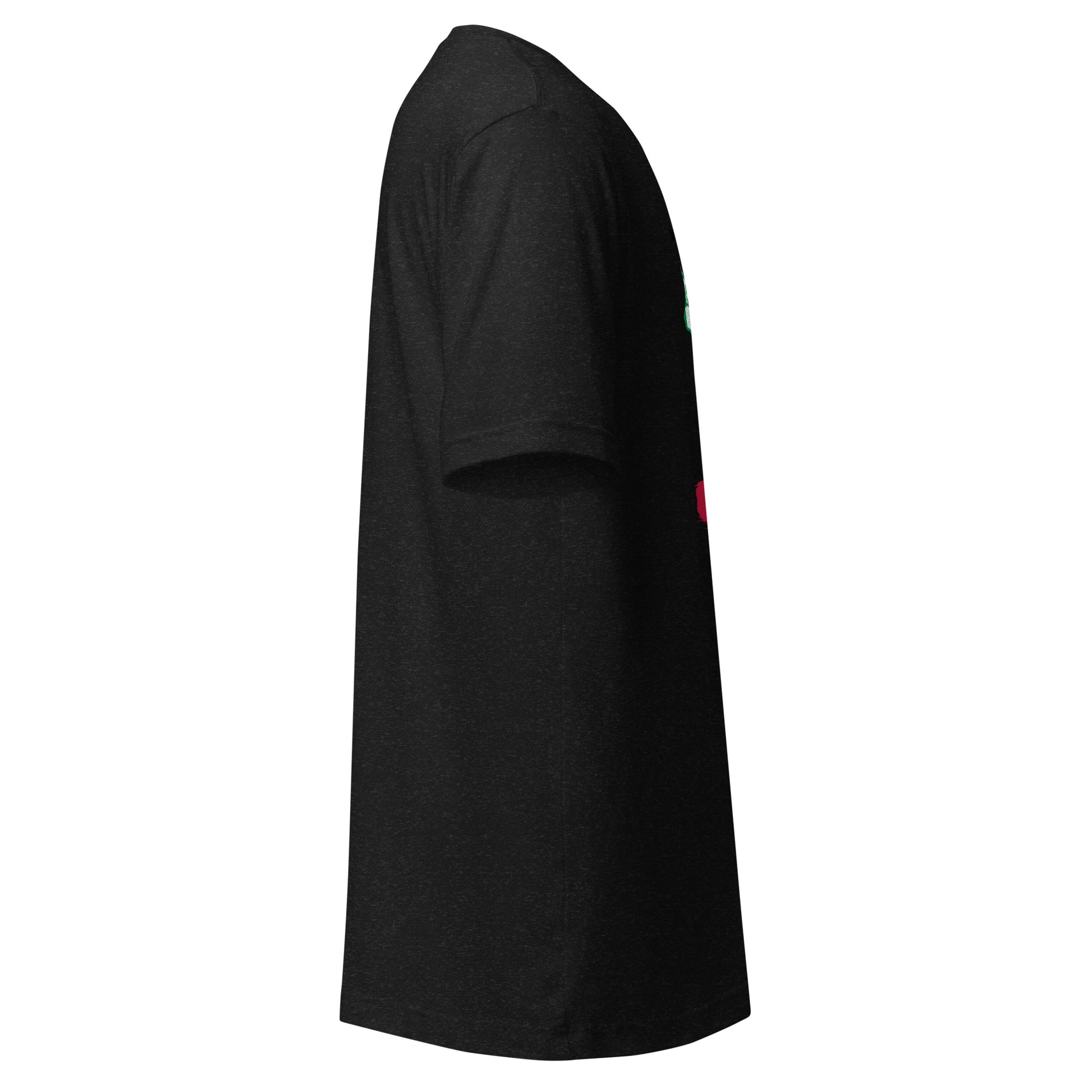 Right side view of the black heather Land of Curling – California shirt displaying the CRL logo printed on the sleeve and modern unisex fit.