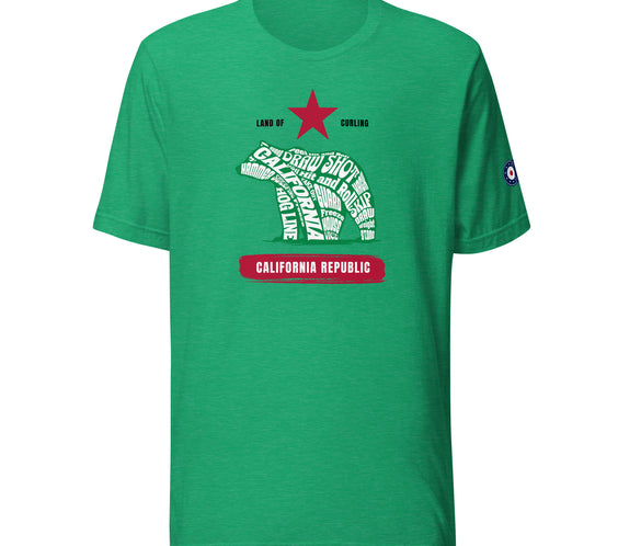 Front view of the heather green Land of Curling – California t-shirt by CRL.Life featuring the California Republic bear design filled with curling terms and topped with a red star. Includes CRL logo on the sleeve.