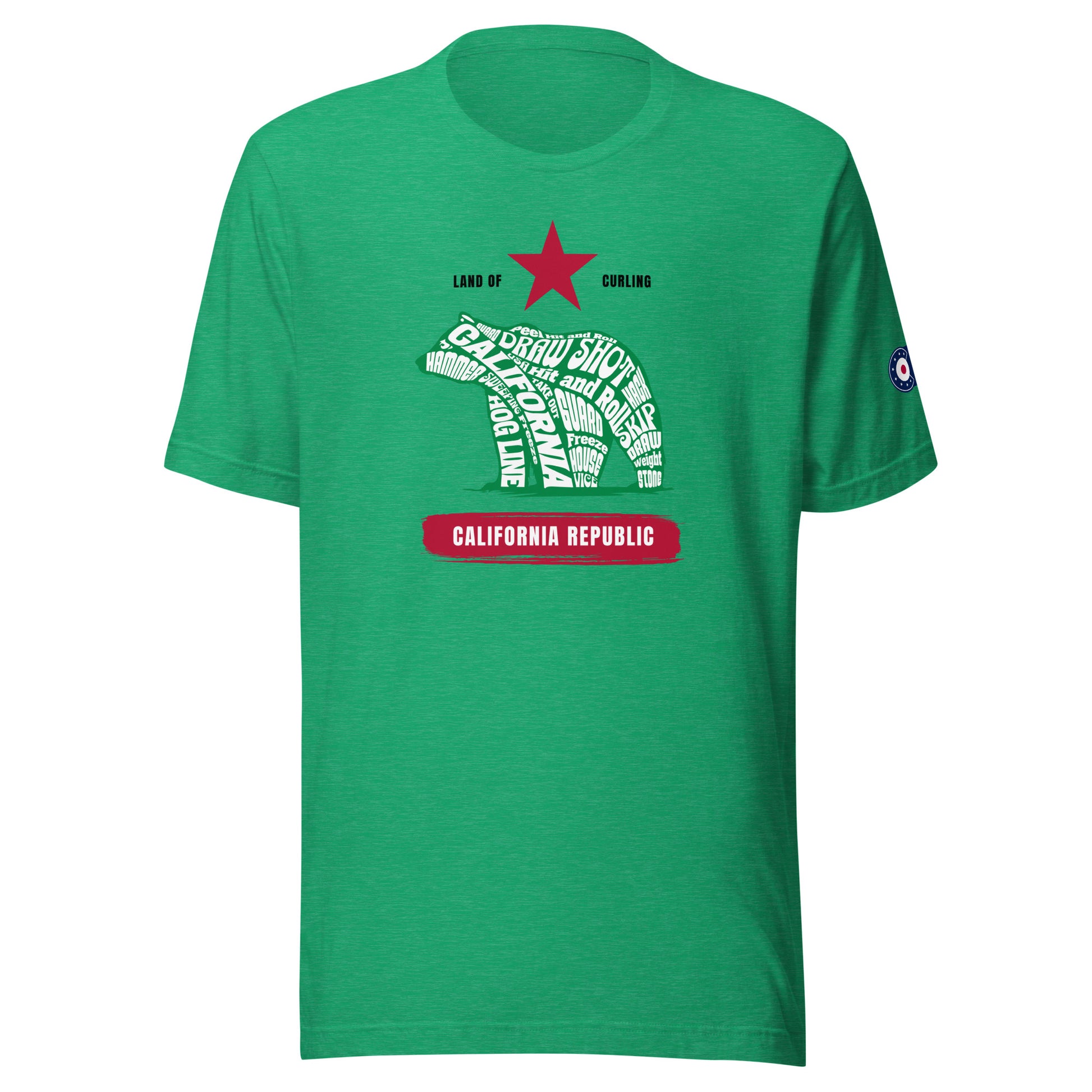 Front view of the heather green Land of Curling – California t-shirt by CRL.Life featuring the California Republic bear design filled with curling terms and topped with a red star. Includes CRL logo on the sleeve.