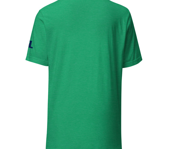 Back view of the Land of Curling – California unisex t-shirt in heather green highlighting the soft cotton blend, smooth side seams, and casual fit.