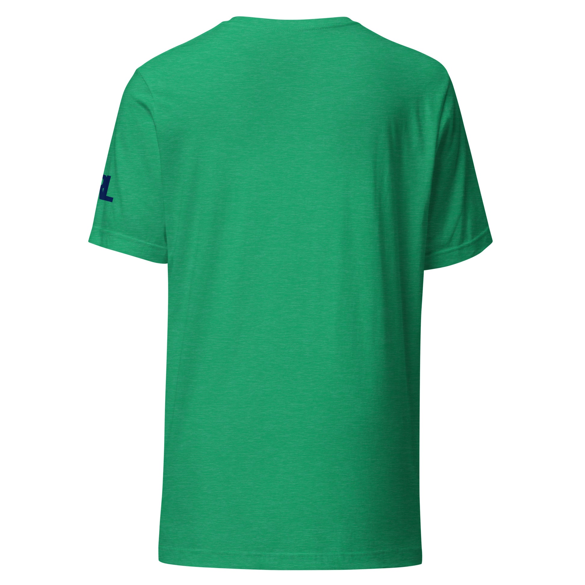 Back view of the Land of Curling – California unisex t-shirt in heather green highlighting the soft cotton blend, smooth side seams, and casual fit.