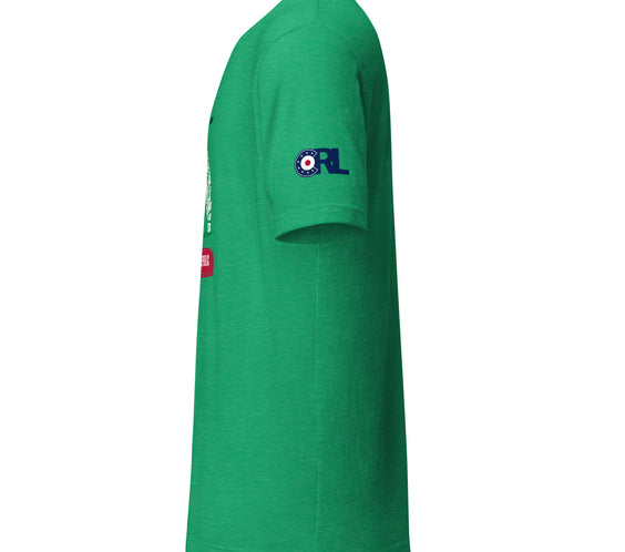 Left side view of the Land of Curling – California tee in heather green showing the curling-inspired bear print and premium lightweight cotton fabric.