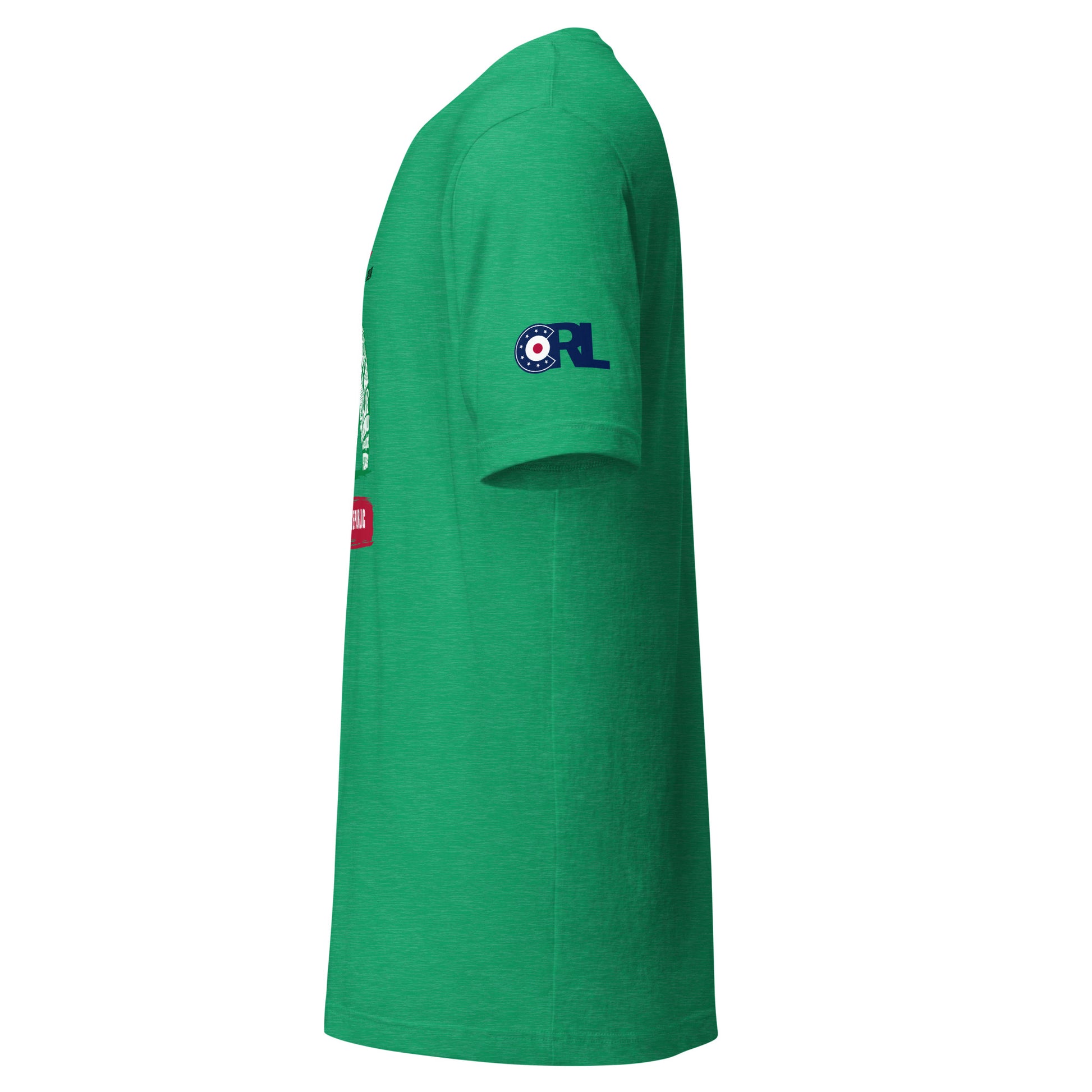 Left side view of the Land of Curling – California tee in heather green showing the curling-inspired bear print and premium lightweight cotton fabric.