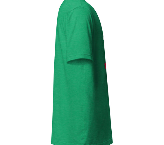 Right side view of the heather green Land of Curling – California t-shirt displaying the CRL logo on the sleeve and athletic unisex fit.