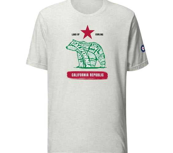 Front view of the Land of Curling – California t-shirt by CRL.Life featuring the California Republic flag design reimagined with curling terms inside the bear graphic and the CRL logo on the sleeve.