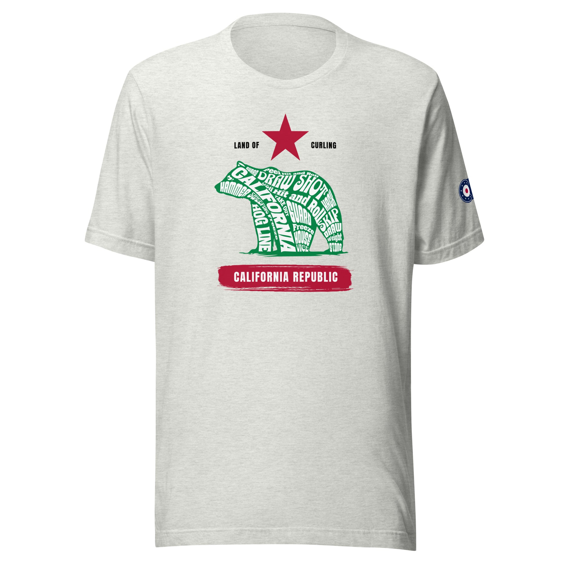 Front view of the Land of Curling – California t-shirt by CRL.Life featuring the California Republic flag design reimagined with curling terms inside the bear graphic and the CRL logo on the sleeve.