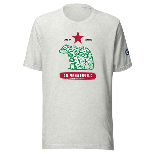 Front view of the Land of Curling – California t-shirt by CRL.Life featuring the California Republic flag design reimagined with curling terms inside the bear graphic and the CRL logo on the sleeve.