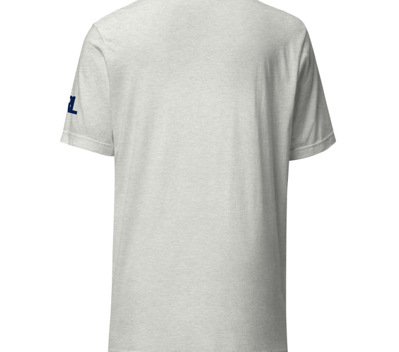 Back view of the Land of Curling – California unisex t-shirt by CRL.Life showing the smooth ash-gray fabric and shoulder-to-shoulder taping for comfort and durability.