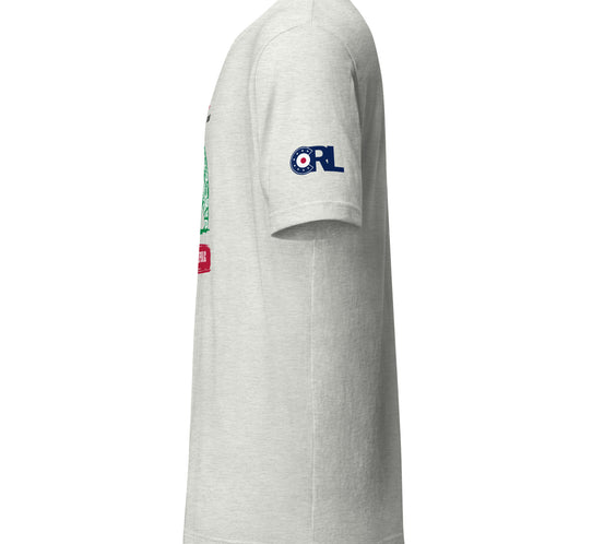 Left side view of the Land of Curling – California tee showing the curling-themed California bear graphic and the CRL logo printed on the sleeve.