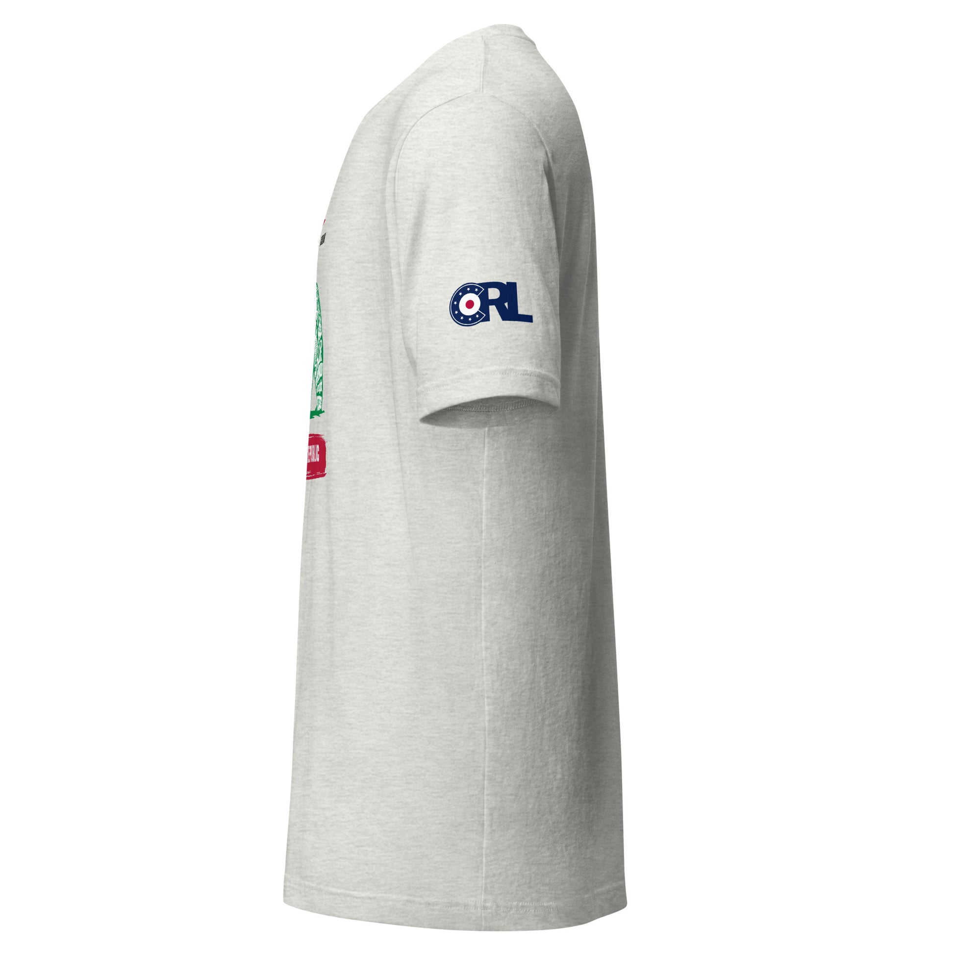 Left side view of the Land of Curling – California tee showing the curling-themed California bear graphic and the CRL logo printed on the sleeve.