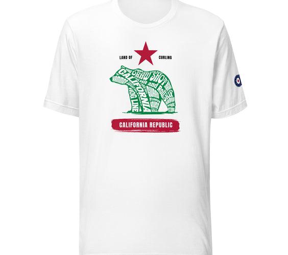 Front view of the white Land of Curling – California t-shirt by CRL.Life featuring the California Republic bear design filled with curling terms and a red star above. CRL logo on the sleeve.