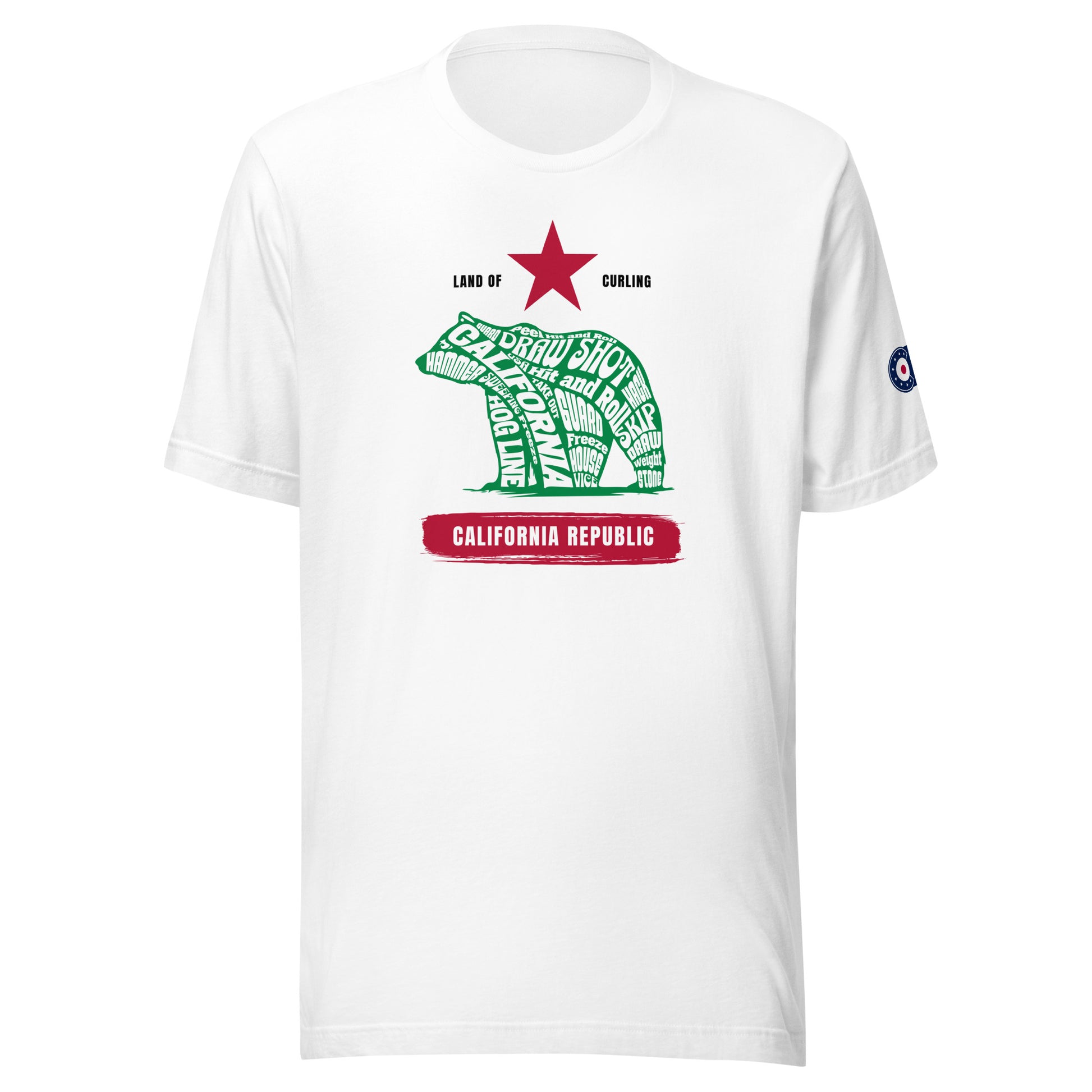 Front view of the white Land of Curling – California t-shirt by CRL.Life featuring the California Republic bear design filled with curling terms and a red star above. CRL logo on the sleeve.