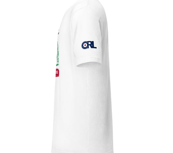 Left side view of the white Land of Curling – California shirt highlighting the curling bear graphic and clean short sleeve fit.