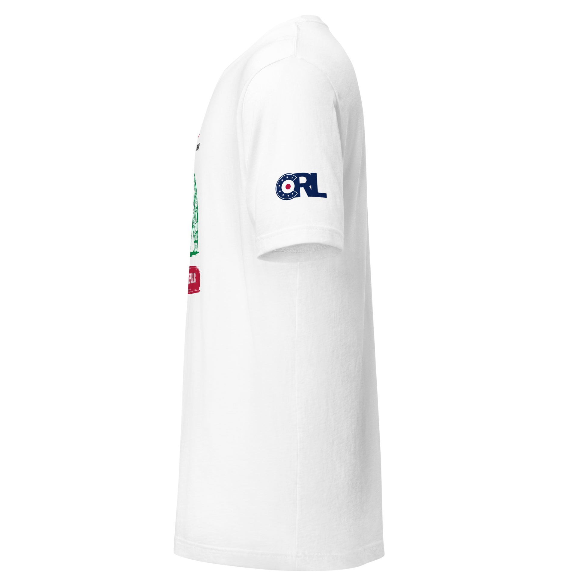 Left side view of the white Land of Curling – California shirt highlighting the curling bear graphic and clean short sleeve fit.