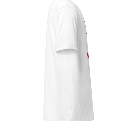 Right side view of the Land of Curling – California tee showing the CRL logo on the sleeve and smooth white cotton finish.