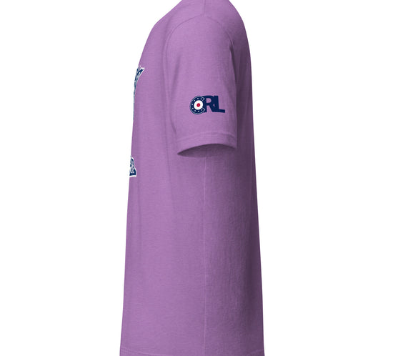 Side view of the lavender Minnesota Curl Culture T-Shirt by CRL, showing the blue CRL curling patch logo printed on the right sleeve.