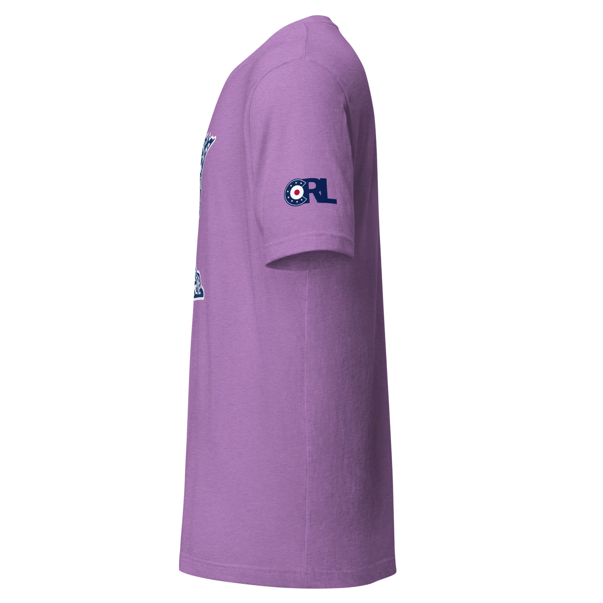 Side view of the lavender Minnesota Curl Culture T-Shirt by CRL, showing the blue CRL curling patch logo printed on the right sleeve.