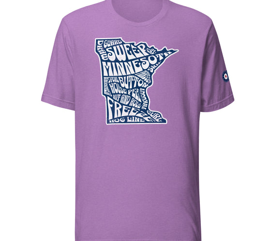 Lavender CRL T-shirt featuring a white Minnesota state outline filled with curling terms such as sweep, guard, button, house, freeze, and hog line, with a curling patch logo on the right sleeve.