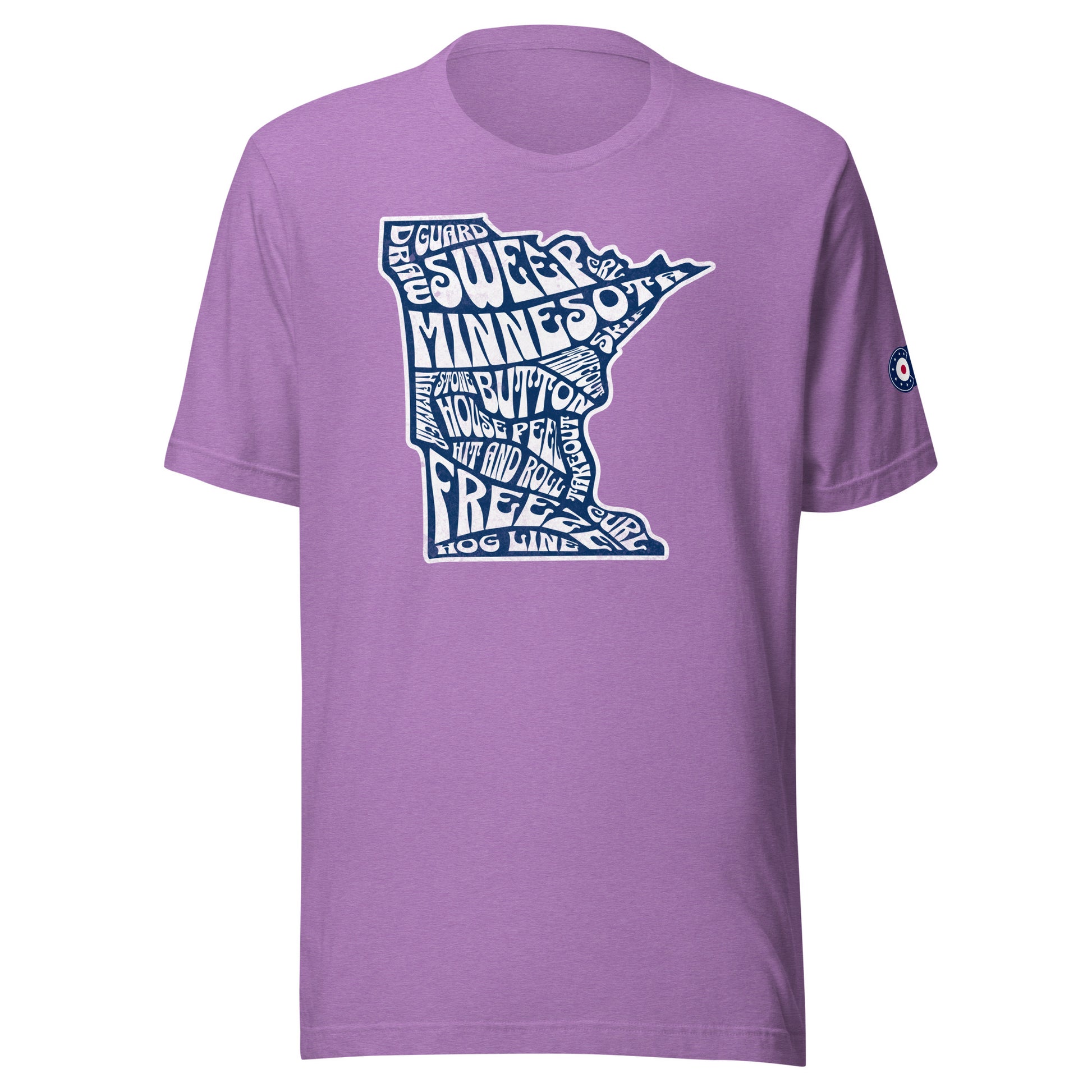 Lavender CRL T-shirt featuring a white Minnesota state outline filled with curling terms such as sweep, guard, button, house, freeze, and hog line, with a curling patch logo on the right sleeve.