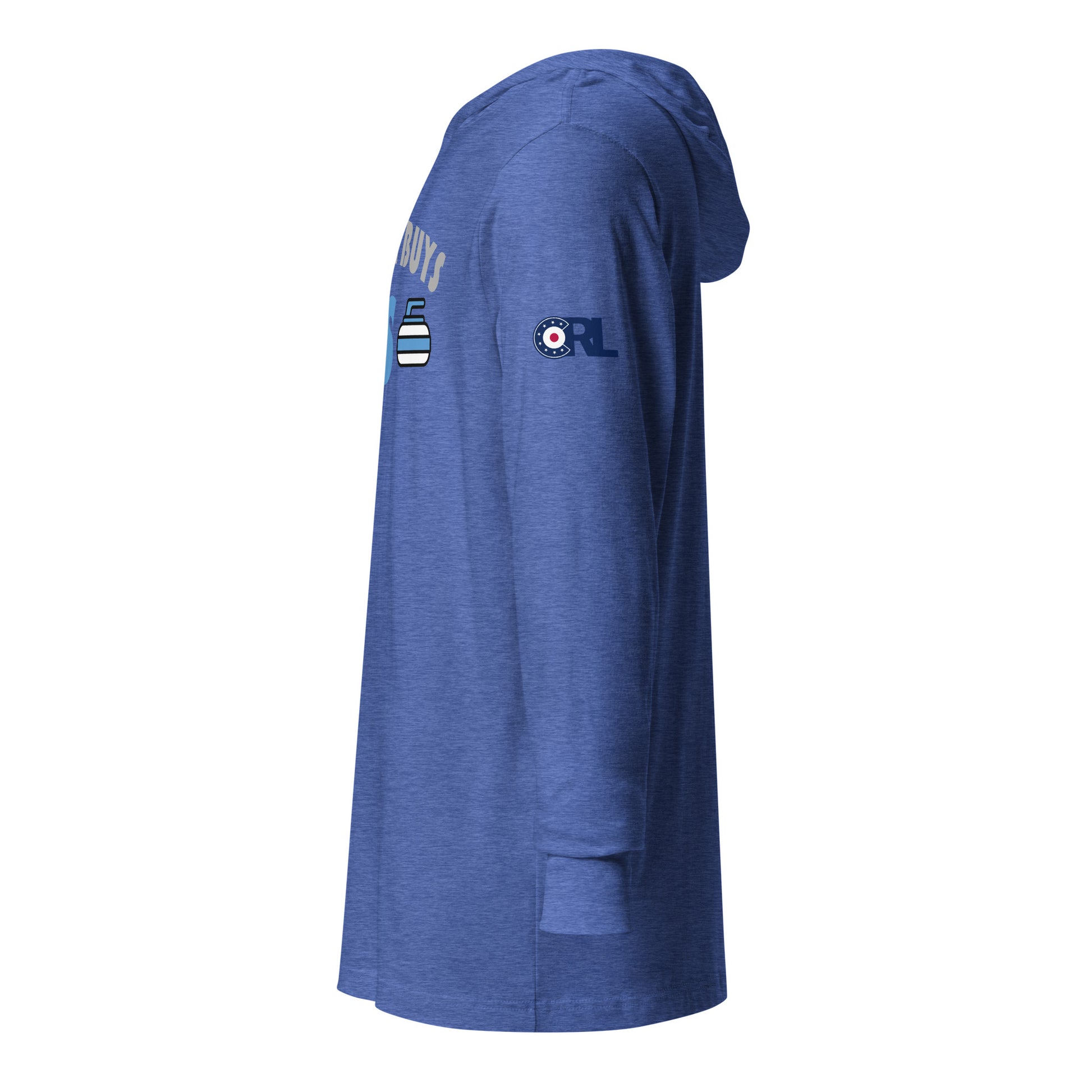 Left side view of a blue hooded long sleeve curling tee featuring the curling stone design near the front and a CRL-style curling logo printed on the sleeve.