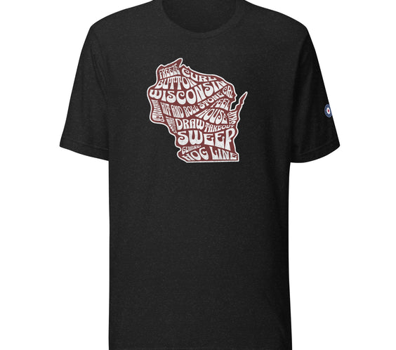 A light gray unisex tee featuring the Wisconsin Curl Culture design in bold red typography shaped like the state of Wisconsin. Casual, comfortable curling-themed apparel from CRL.