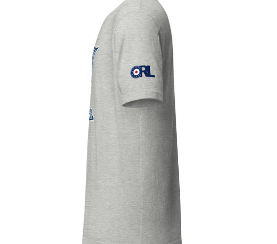 Side view of the light grey Minnesota Curl Culture T-Shirt by CRL, showing the navy CRL curling patch logo printed on the right sleeve.