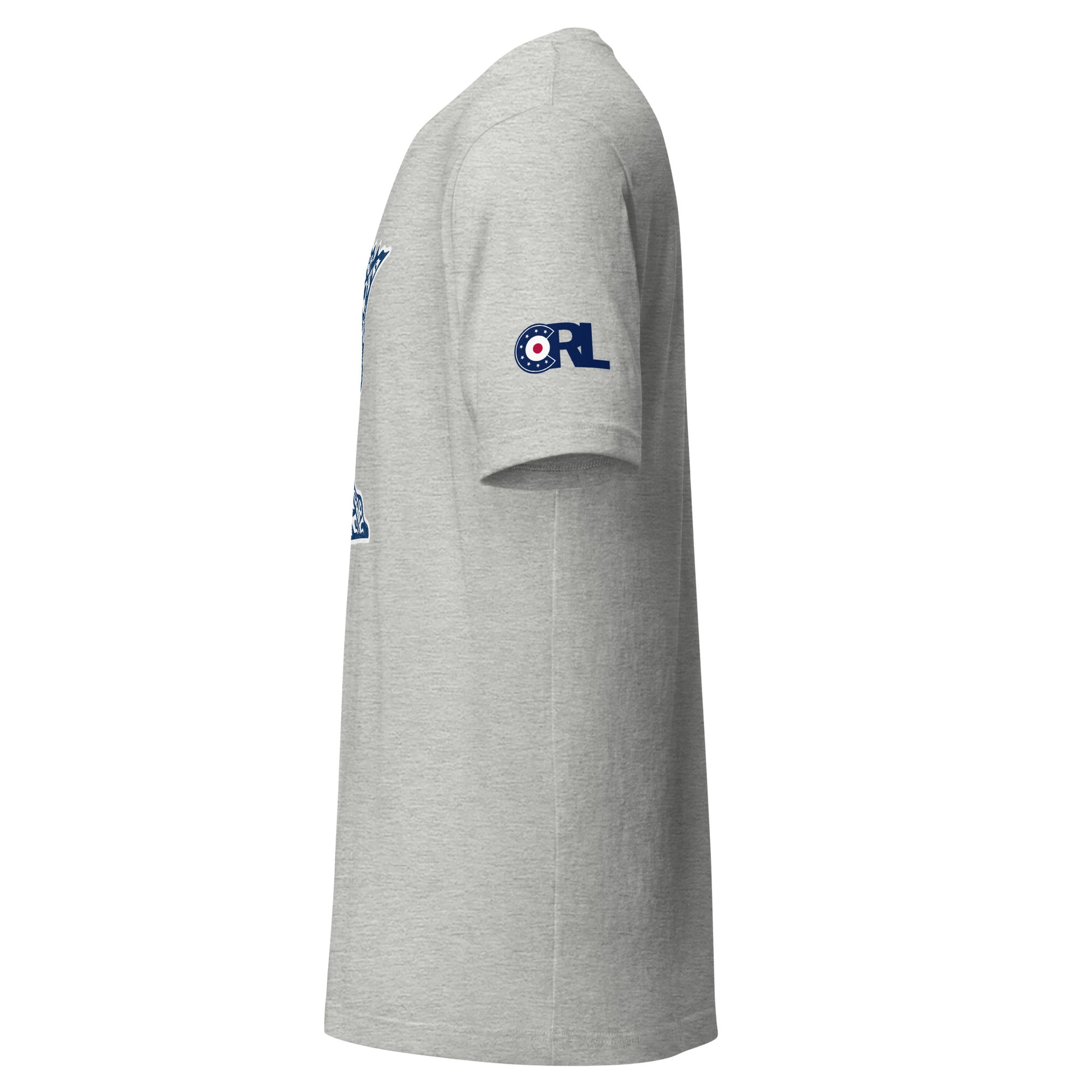 Side view of the light grey Minnesota Curl Culture T-Shirt by CRL, showing the navy CRL curling patch logo printed on the right sleeve.