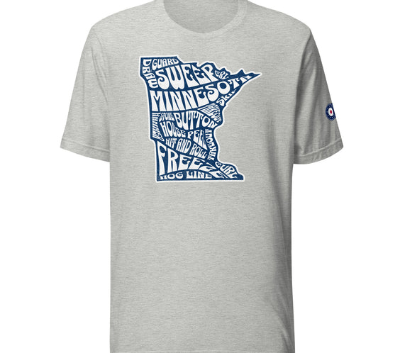 Light grey CRL T-shirt featuring a navy Minnesota state outline filled with curling terms including sweep, guard, button, house, freeze, and hog line, with a curling patch logo on the right sleeve.