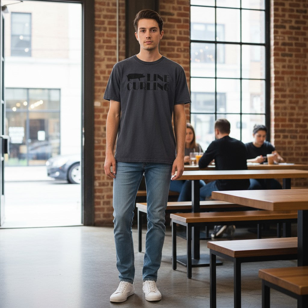 A man standing in a modern cafe wearing a dark gray Hog Line Curling T-shirt with a hog silhouette and bold text across the chest. He is dressed casually in jeans and white sneakers, with brick walls and large windows in the background.