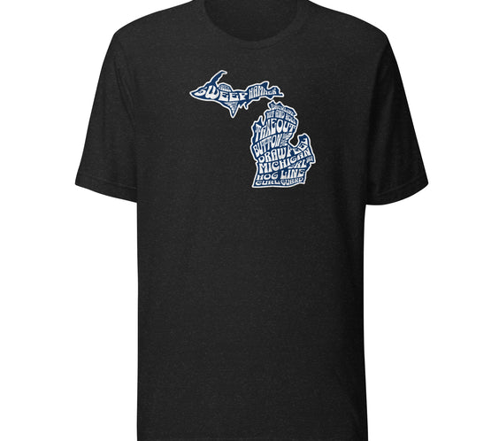 Black Michigan curling T-shirt featuring a blue and white word-art design shaped like the state of Michigan, filled with curling terms like sweep, hog line, takeout, and button.