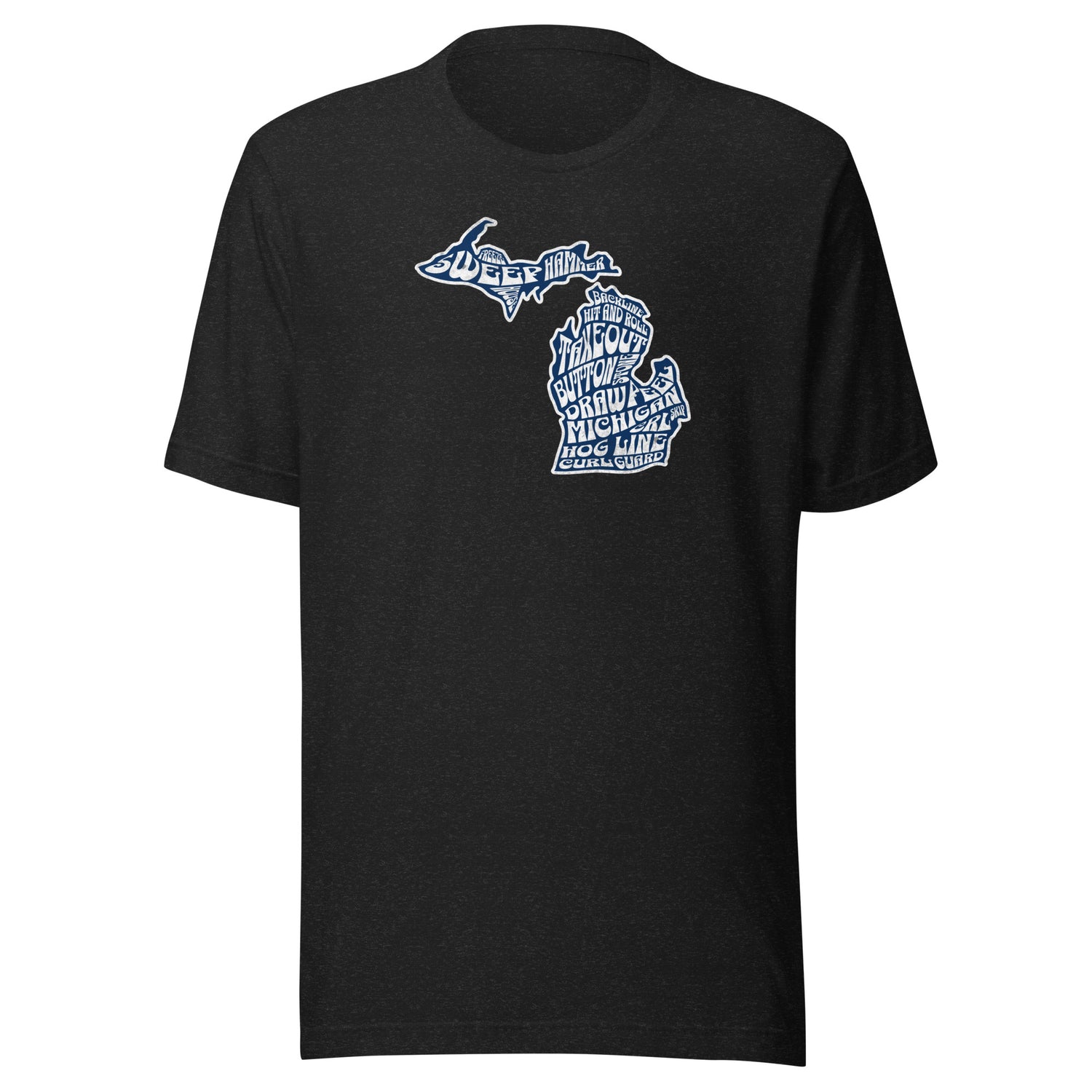 Black Michigan curling T-shirt featuring a blue and white word-art design shaped like the state of Michigan, filled with curling terms like sweep, hog line, takeout, and button.