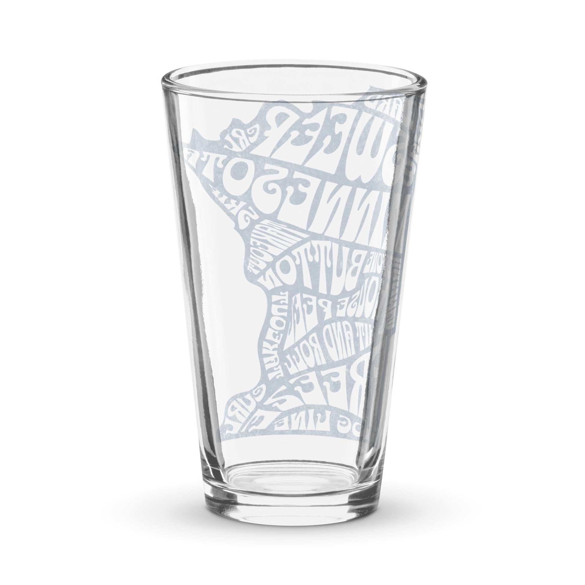 Clear shaker pint glass featuring a frosted white Minnesota state outline filled with curling terms like sweep, guard, button, house, freeze, and hog line. Curling-themed pint glass by CRL.