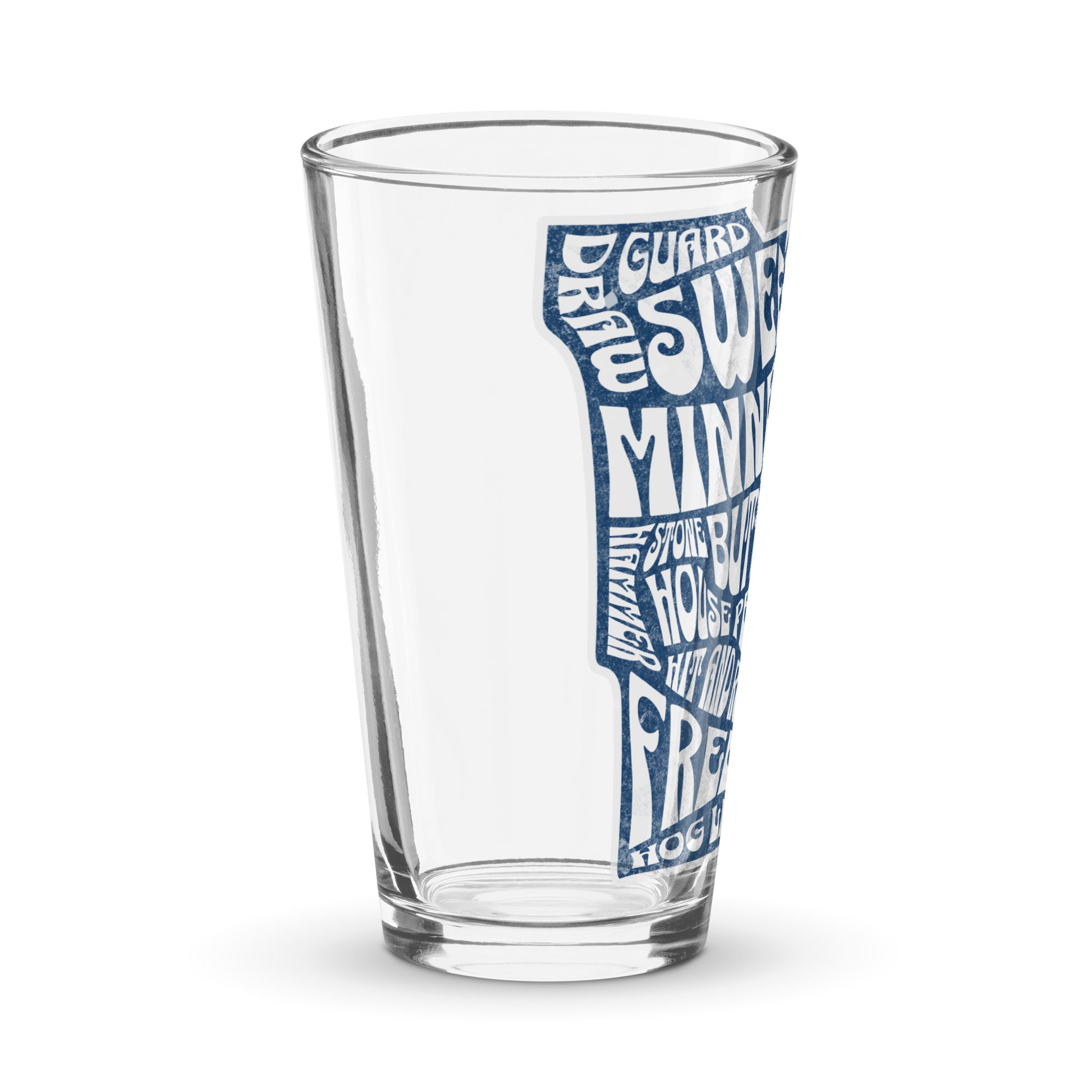 Side view of a clear shaker pint glass featuring a blue Minnesota state outline filled with curling terms such as sweep, guard, button, house, freeze, and hog line. Curling-themed drinkware by CRL.
