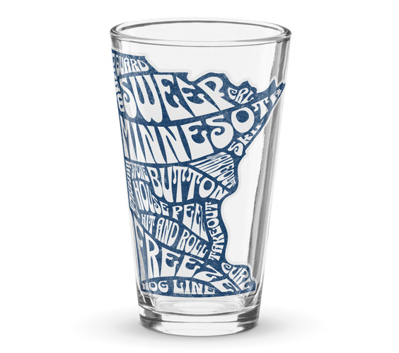 Clear shaker pint glass featuring a blue Minnesota state outline filled with curling terms such as sweep, guard, button, house, freeze, and hog line. Curling-themed drinkware by CRL.