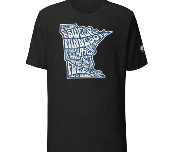 Black CRL T-shirt featuring a white Minnesota state outline filled with curling terms like sweep, guard, button, freeze, hit and roll, and hog line.