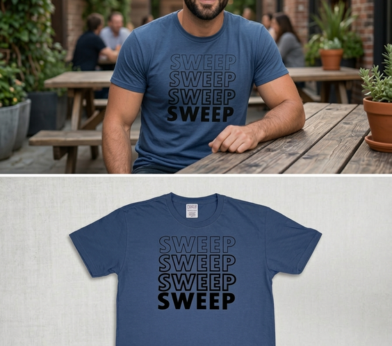 A two-panel image showing a charcoal grey t-shirt featuring the word 'SWEEP' printed repeatedly and stacked four times. The top panel is a photo of a man smiling and wearing the shirt at an outdoor cafe. The bottom panel shows the t-shirt isolated against a neutral concrete-patterned background for a clear product view.