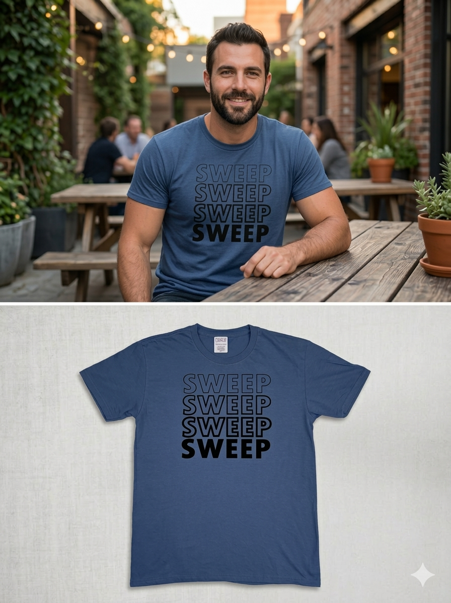 A two-panel image showing a charcoal grey t-shirt featuring the word 'SWEEP' printed repeatedly and stacked four times. The top panel is a photo of a man smiling and wearing the shirt at an outdoor cafe. The bottom panel shows the t-shirt isolated against a neutral concrete-patterned background for a clear product view.