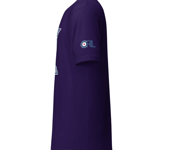 Side view of the purple Minnesota Curl Culture T-Shirt by CRL, showing the sleeve detail with a blue CRL curling patch logo printed on the right arm.