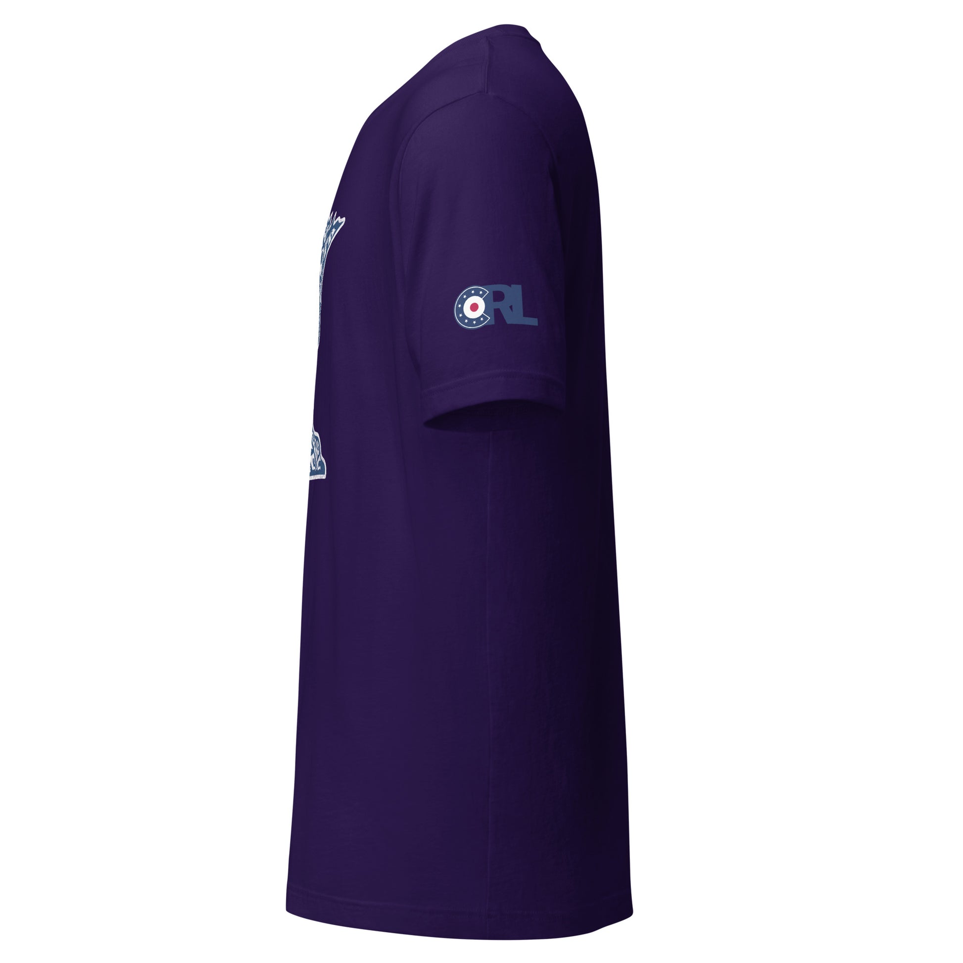 Side view of the purple Minnesota Curl Culture T-Shirt by CRL, showing the sleeve detail with a blue CRL curling patch logo printed on the right arm.