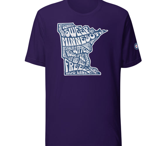 Purple CRL T-shirt featuring a white Minnesota state outline filled with curling terms such as sweep, guard, button, freeze, house, and hog line, with a small curling patch logo on the right sleeve.